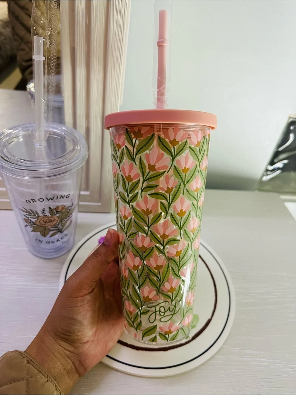 Floral Pink 24 oz Acrylic Tumbler with Straw